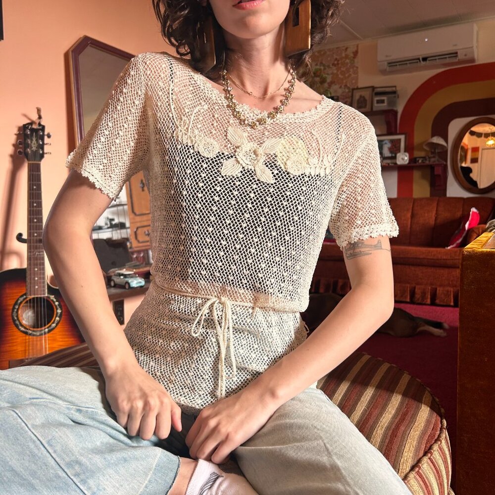 1960s deadstock hand crocheted floral embroidered sheer lace belted hippie tunic